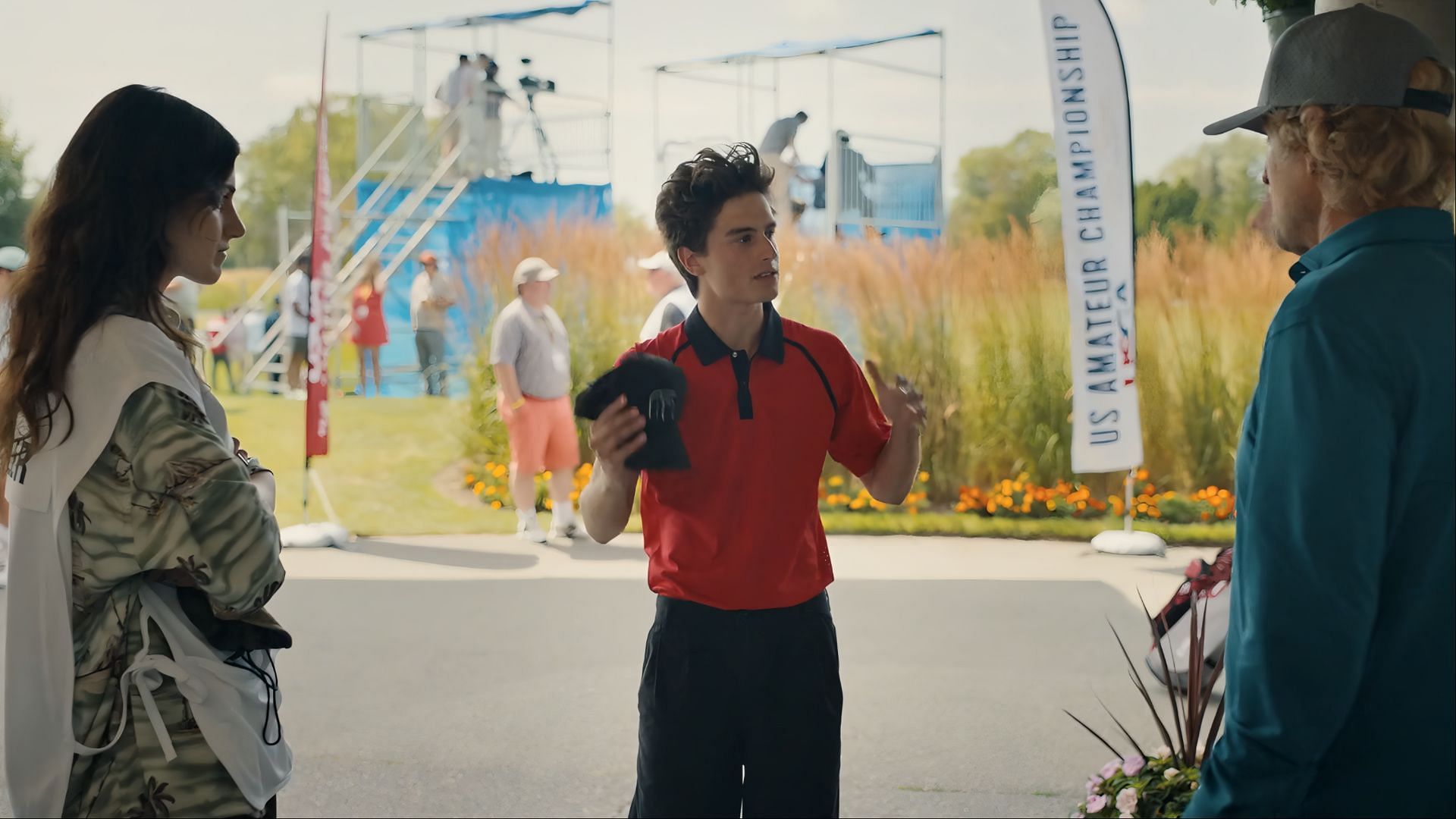 Santi confronts Pryce and Zero during the US Amateur Championship in Stick season 1 (Image via AppleTV+)